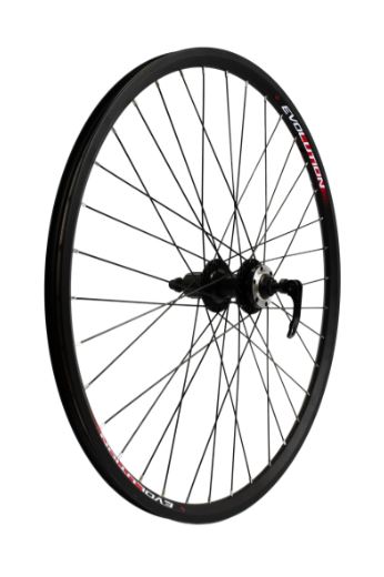 Колесо заднее 26" TRIX, обод алюминиевый, двойной, 36H, фрезерованный, 559х19,4/25х21,4мм, A/V, анодированный, черный. Втулка алюминиевая, V-br, под трещотку, эксцентрик, черная