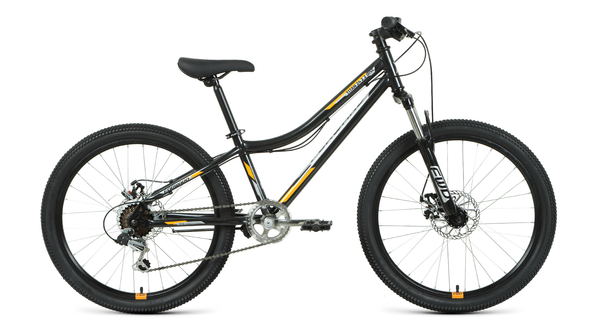 Велосипед 24" FORWARD TITAN 2.0 D (6 ск. рост. 12") 2022, черный/оранжевый, RBK22FW24023